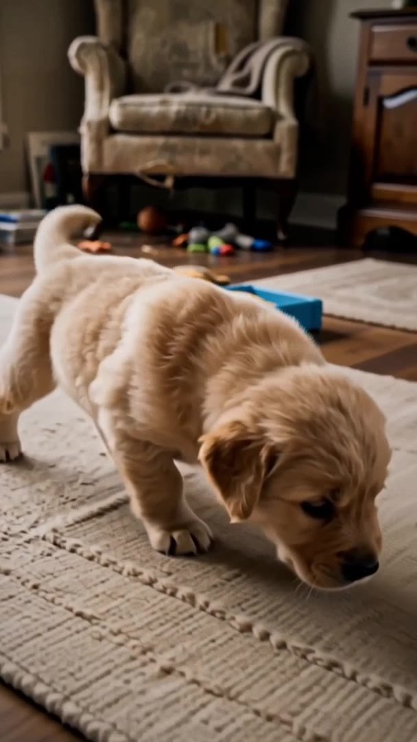 Bao, chiot golden retriever, explore un tapis du salon