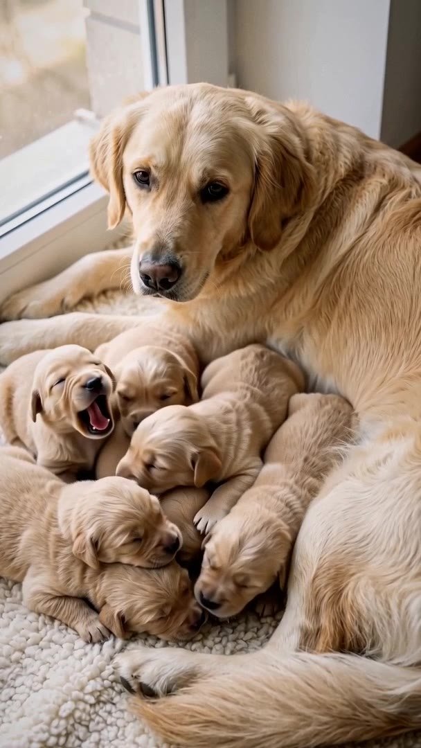 Une portée de chiots golden retrievers blottis contre leur mère