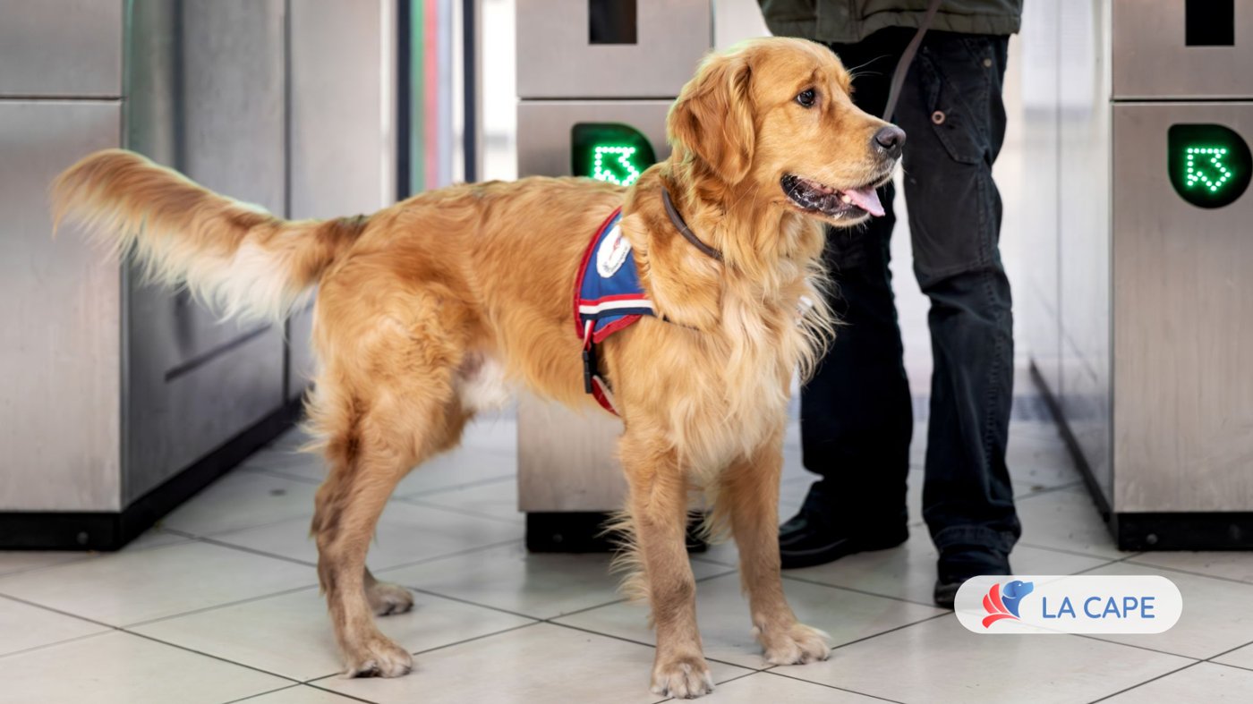 Un golden retriever d’assistance LA CAPE en gilet, aux portiques du métro
